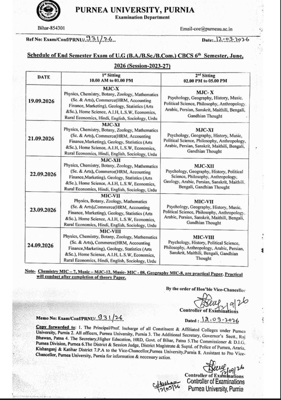 Purnea University UG 6th Semester Exam Program 2026 Check Official Notification, यहां से देखें परीक्षा प्रोग्राम & Admit Card Download Link जारी